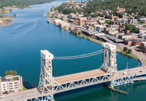 Aerial shot of portage canal lift bridge and the river that Copper Country Boats Tours, tour.